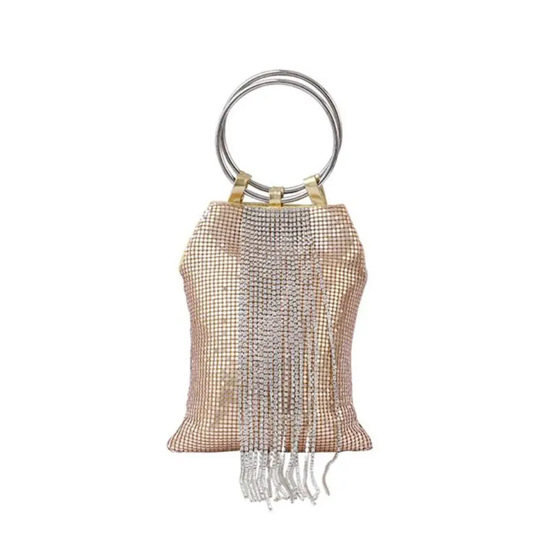 GD Bracelet Ring Handle Cocktail Party Wedding Clutch Rhinestone Tassels Tote Handbag Metal Mesh Evening Bag X7XC - Цвет: GD