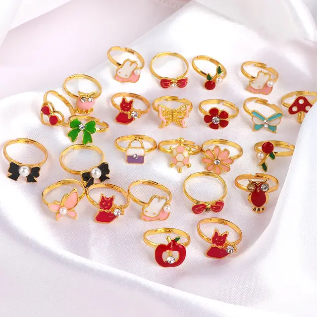 10/20/36 pcs Cute Adjustable Rings Children Girls Pretend Play Makeup Toys Cartoon Crystal Jewelry Alloy Animal Enamel Ring 3