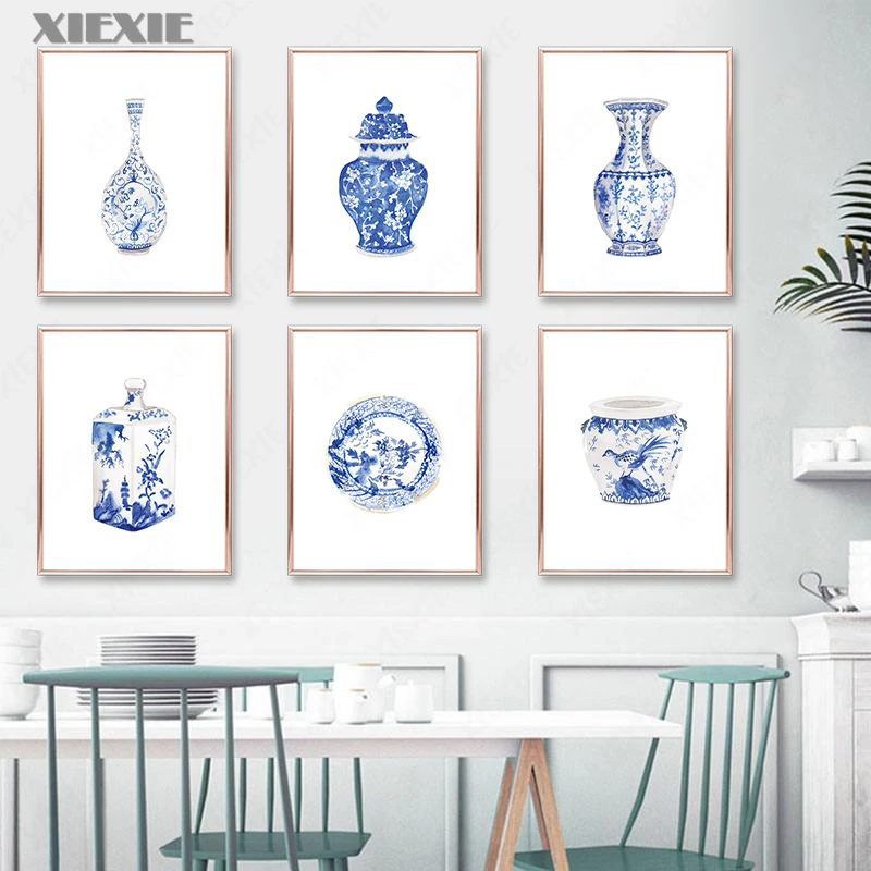 Chinese Style Porcelain Blue and White Porcelain Canvas Painting Oriental Wall Art Poster Elegant Living Room Home Decoration