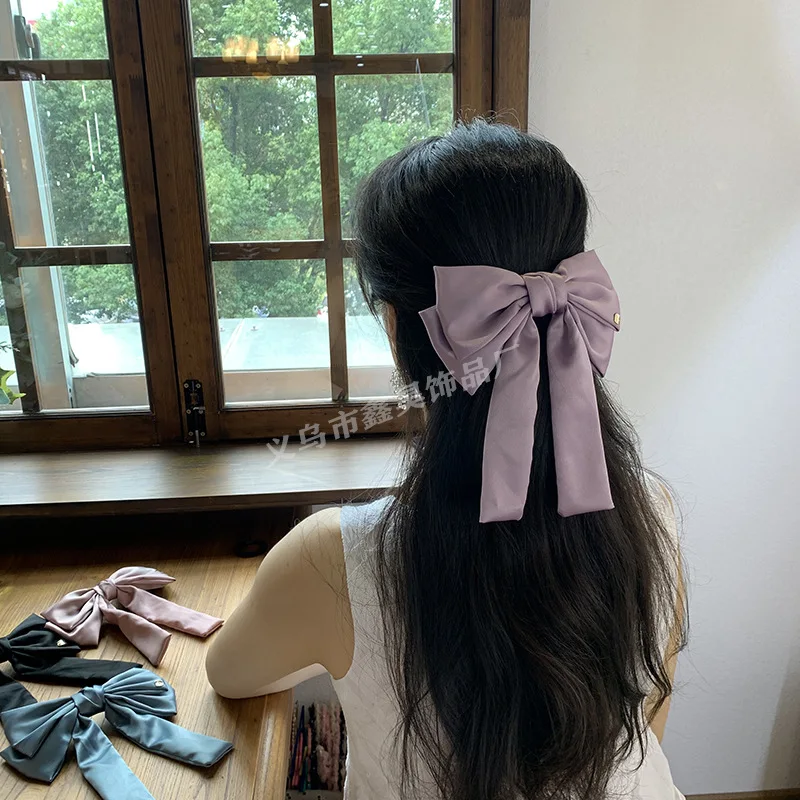 Korean ins net red bright satin bow hairpin back head top clip side long ribbon fabric spring |