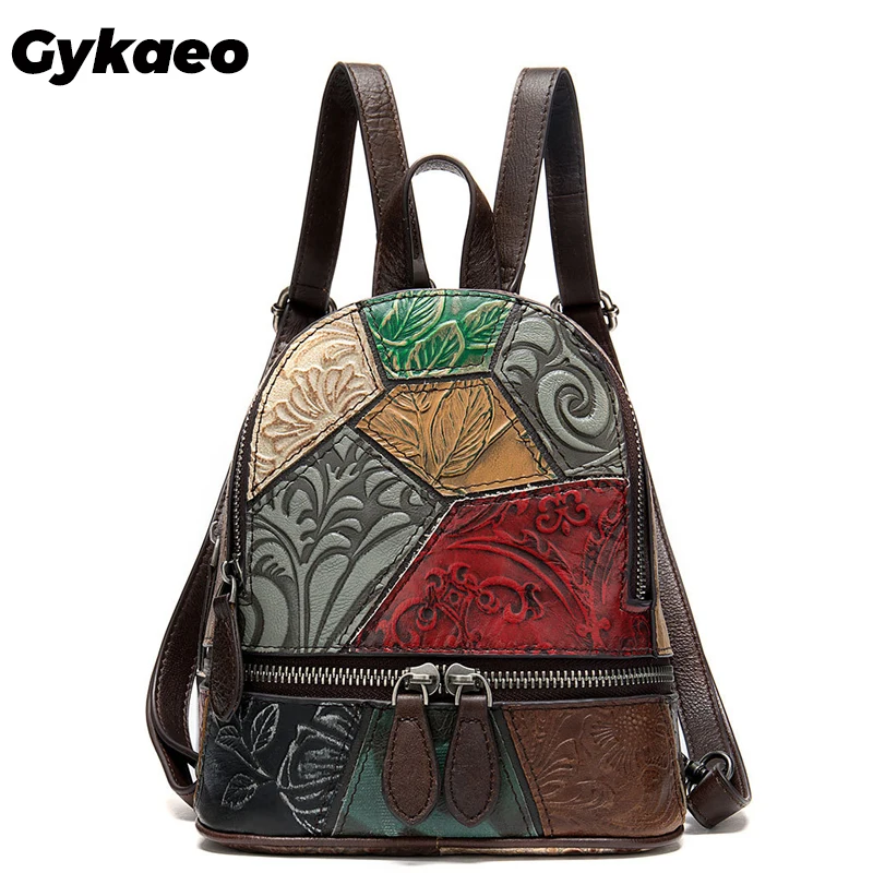

Gykaeo Bohemian Style Genuine Leather Backpacks Women Patchwork Hit Color Small Backpack Casual Mini Backpacks for Girls Bagpack