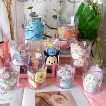 Tasse transparente Disney pour enfants,motif imprimé mignon, Mickey, en plastique, pour boissons ou jus, brosse à dent, bain de bouche, ensemble double,