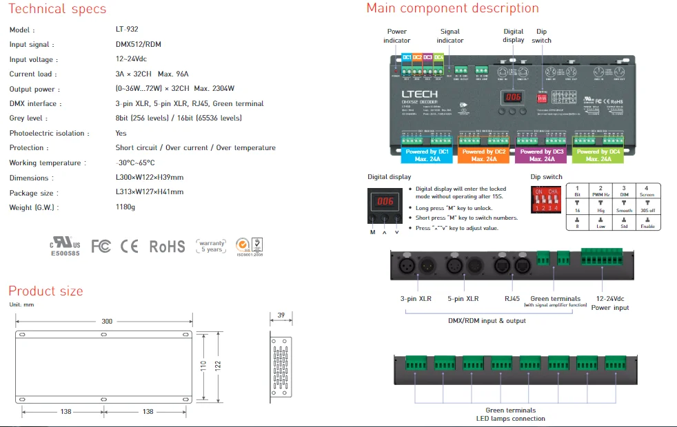 32CH DMX-PWM декодер; RGB/RGBW декодер 32 канала DMX DecoderDC12-24V вход; 3A* 32CH XLR-3/RJ45 Зеленый терминал