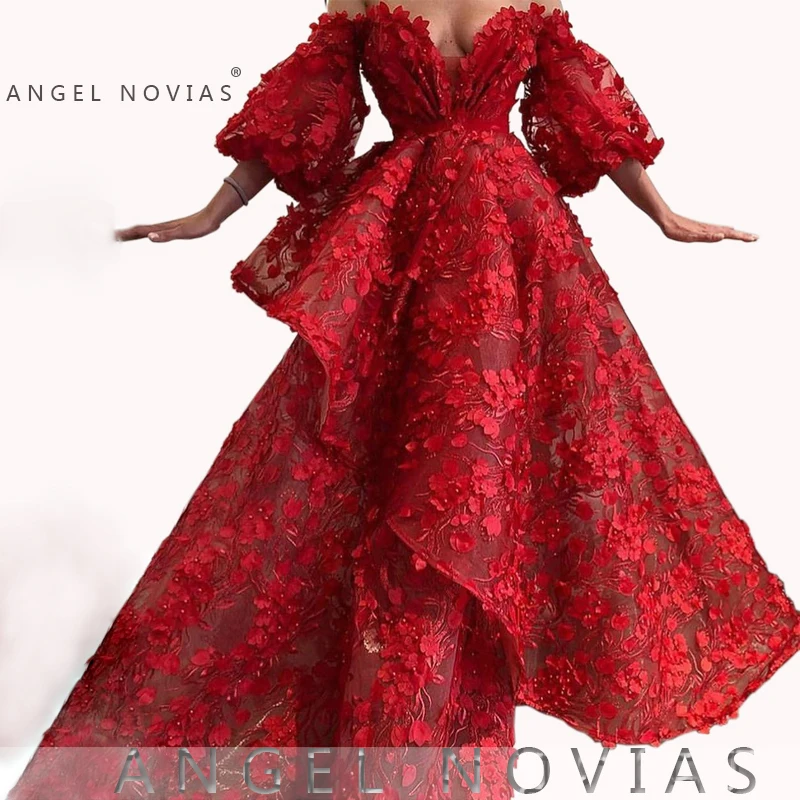 

Long Red 3D Lace Arabic Abendkleider Evening Dress 2019 Off the Shoulder Robe De Soiree Longue 2018