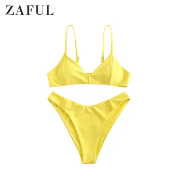 

ZAFUL Yellow Women Solid High Cut Bralette Bikini Swimsuit Wire Free Spaghetti Straps Bikini Set Removable Padded Bathing Suit