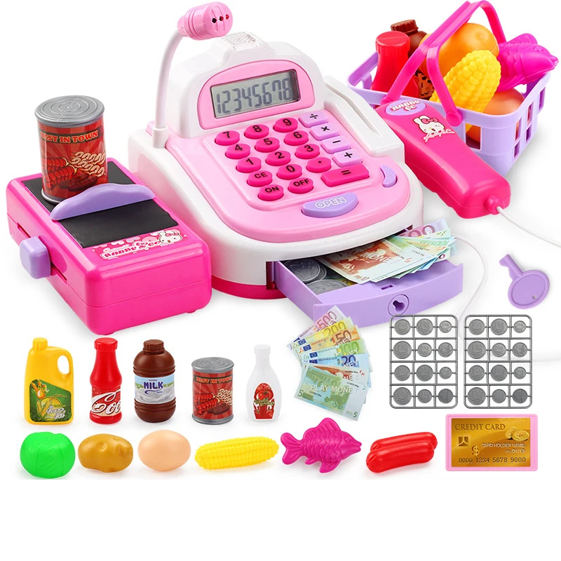 Электрическая ролевая игра, корзина для супермаркета, набор игрушек, имитация коляски, Детская кассовая игрушка, новинка, экзотические Детские кухонные игрушки - Цвет: Розовый