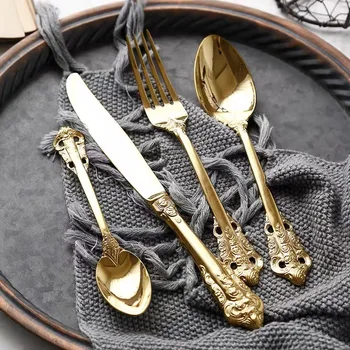 

European Retro Western Tableware Set Stainless Steel Dinner Steak Knife Dessert Fork Tea Coffee Spoon 4pcs Set
