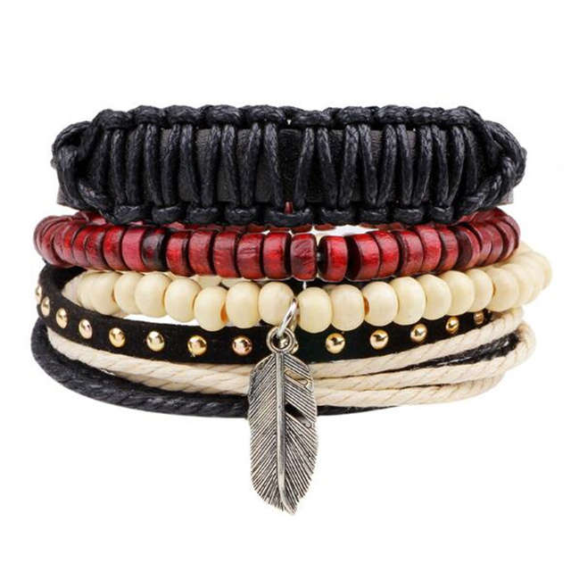 Stone Men Bracelet Multi-layer Handmade Weaved Punk Leather Rope Chain Stainless Steel Bangle Male Jewelry Gifts