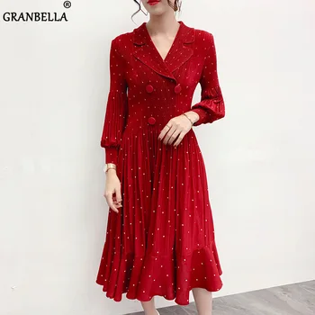 

Turndown Collar Double breasted Pleated Polka Dot Formal Sexy Dress Loose Glamorous Ladies Office Work Wear Chic Female Clothes