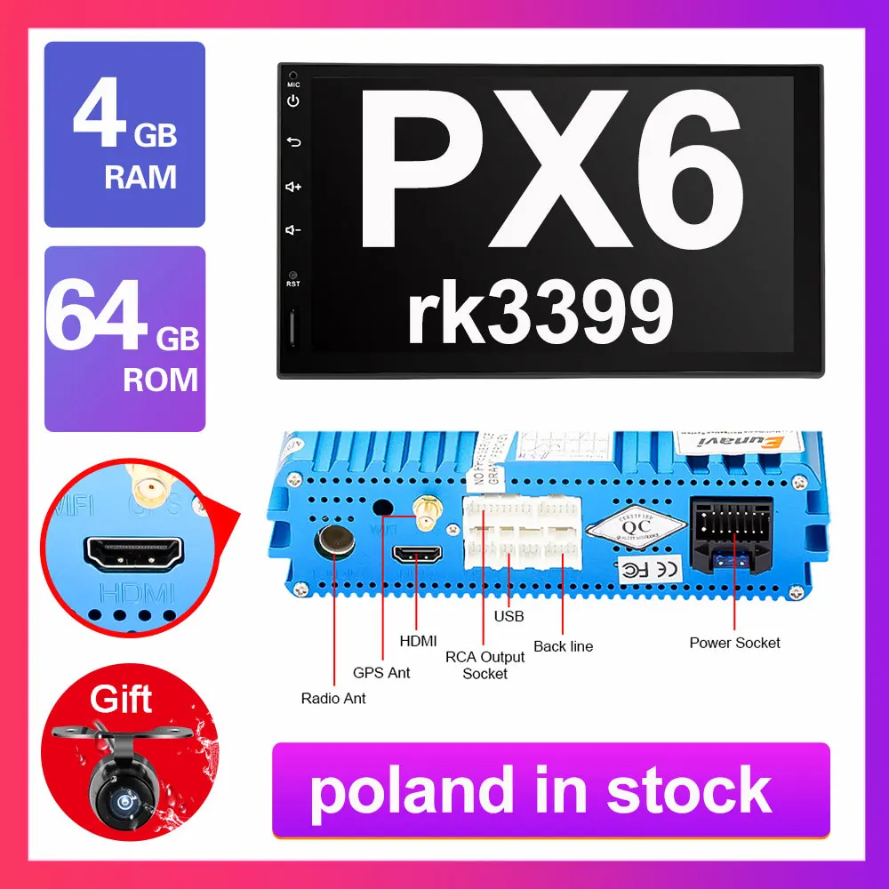 P11 4G 64G PX6 Eunavi 2 Din 7 ''Восьмиядерный Универсальный Android 9,0 4 Гб ram автомобильный Радио Стерео gps навигация WiFi 1024*600 сенсорный экран 2din без DVD - Цвет: P11 4G 64G PX6