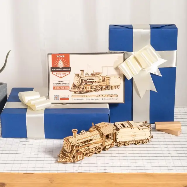 Robotime Rokr 3D Puzzle treno a vapore mobile, auto, regalo giocattolo di assemblaggio Jeep per bambini kit di blocchi di costruzione modello in legno per adulti 6