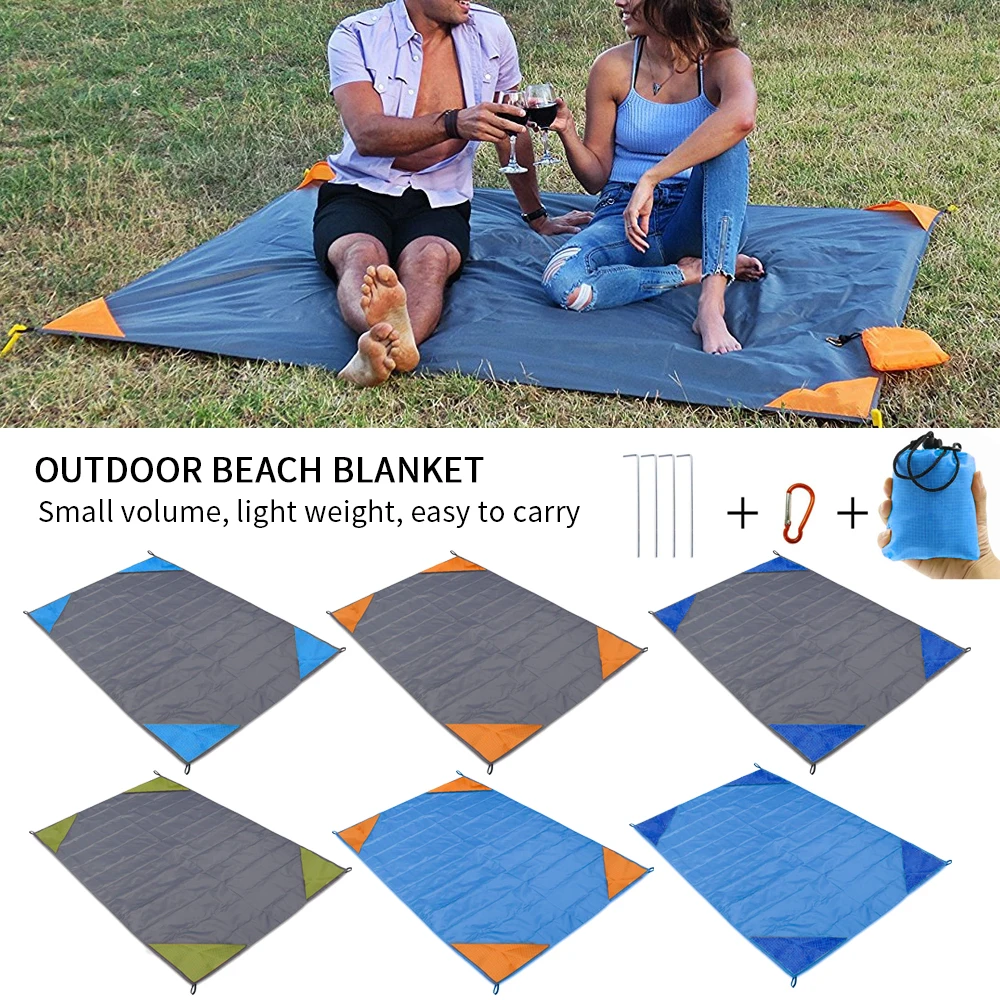

Summer Outdoor Beach Blanket Waterproof Camping Mat Picnic Mat Blanket Collapsible With Ground Stakes Carabiner High Quality