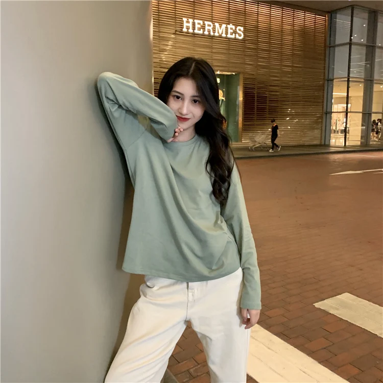 Корейские модные яркие цветные Блузки Топы Осень 2019 женские рубашки с круглым вырезом и длинными рукавами свободные базовые Топы