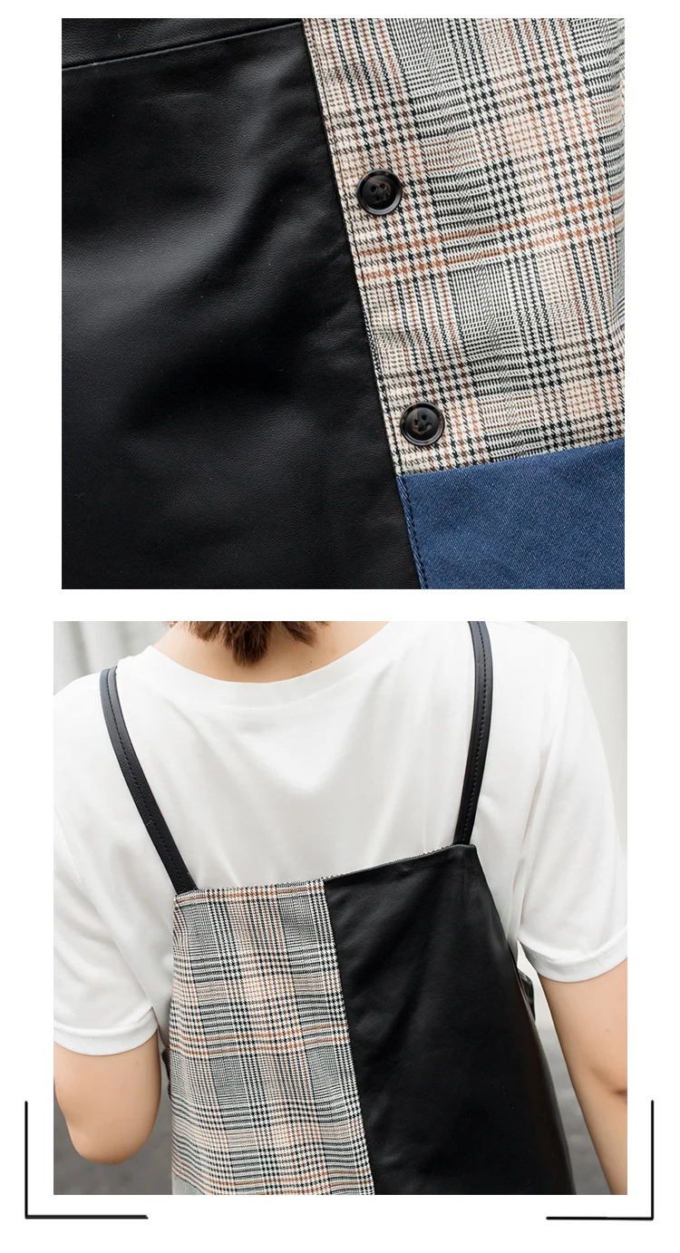 Genuine Leather Dress Highstreet Color Block Cut-and-Sew Grid Panel Button Front Women Strap Ruffles Hem Sheepskin Dresses
