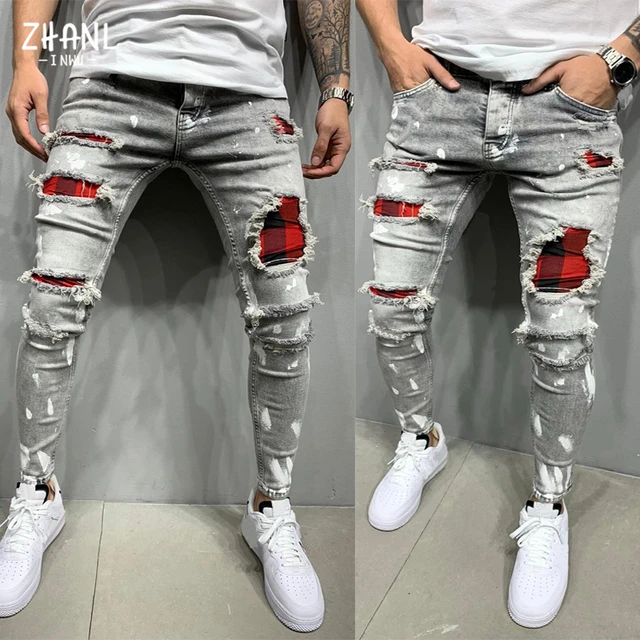 Men Jeans Patchwork Ripped Embroidered Holes Patches Design Slim Denim Pants  Pencil Jeans Hip Hop Baggy Streetwear - AliExpress