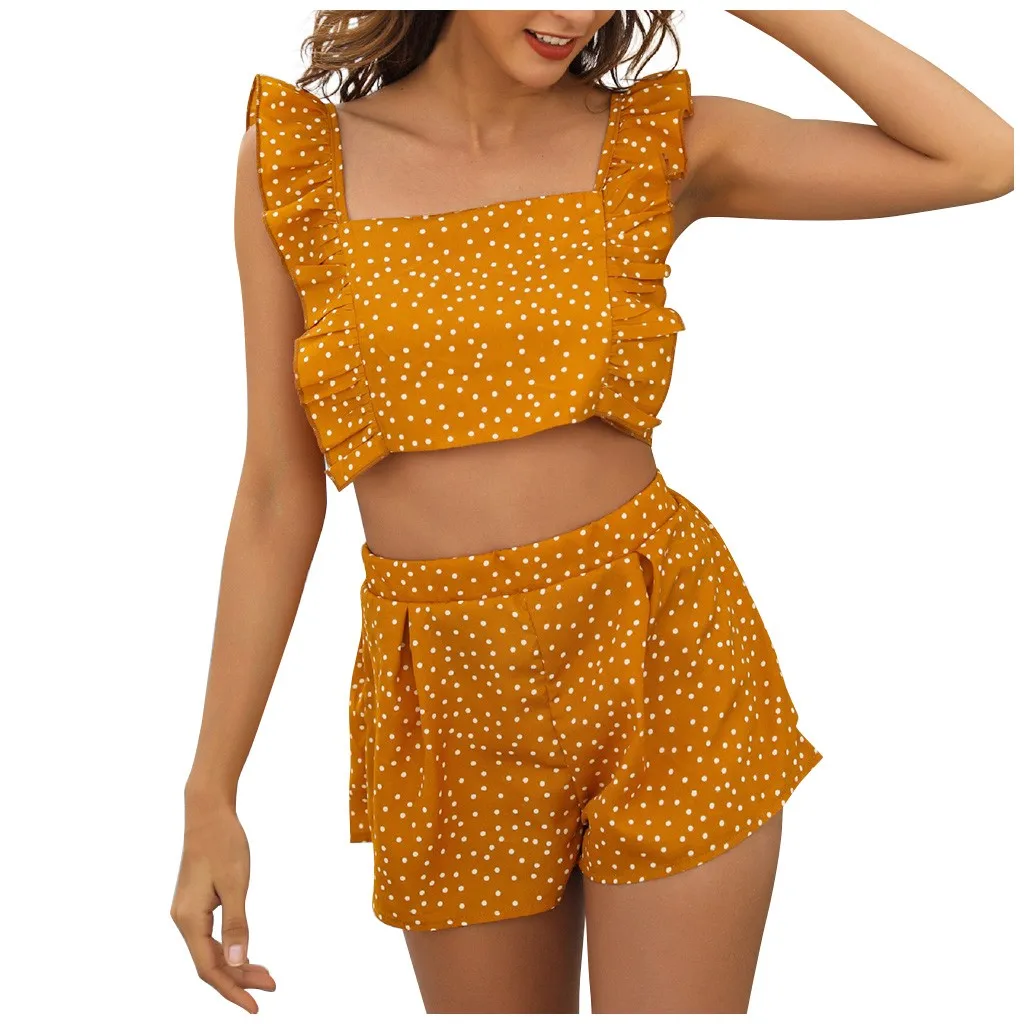 Sagace Set Women Flower Polka Dot Printing Sleeveless Ruffles Short Tops Pants 2PCS Ladies Sweet Black Bandage Soft | Женская одежда