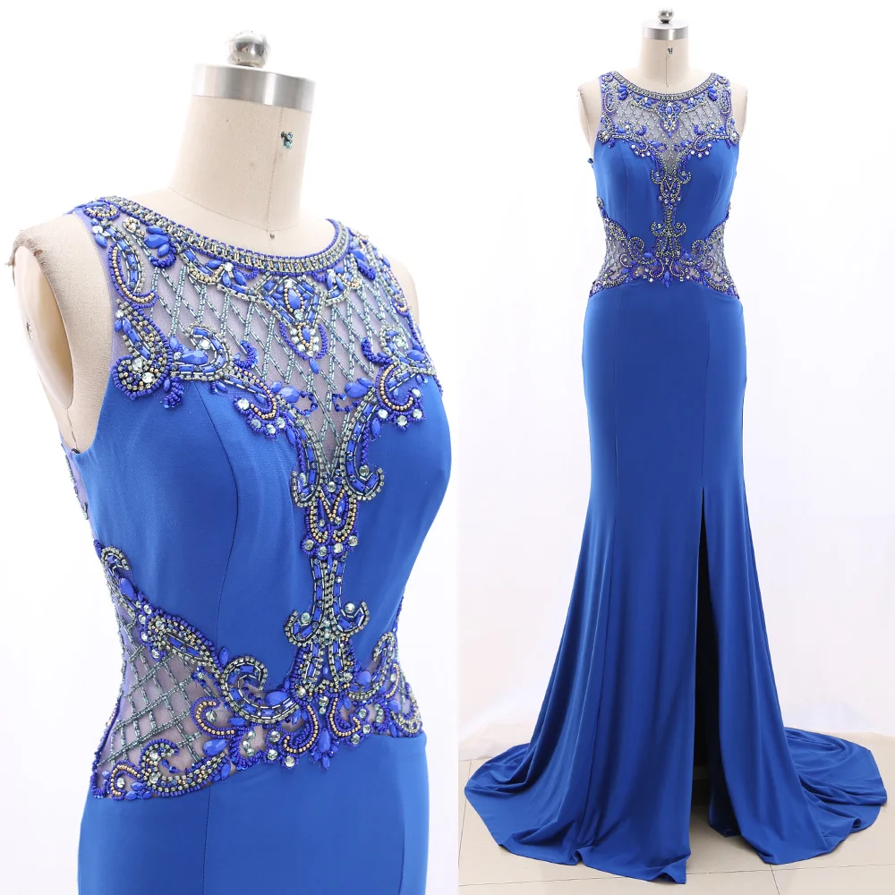 

MACloth Blue Sweep Train O Neck Floor-Length Long Crystal Jersey Prom Dresses Dress M 266591 Clearance
