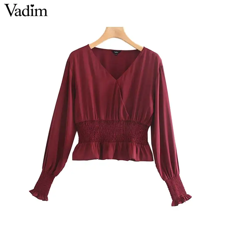 

Vadim women elegant V neck solid crop top long bell sleeve elastic waist shirt female red stylish short tops blusas LB360