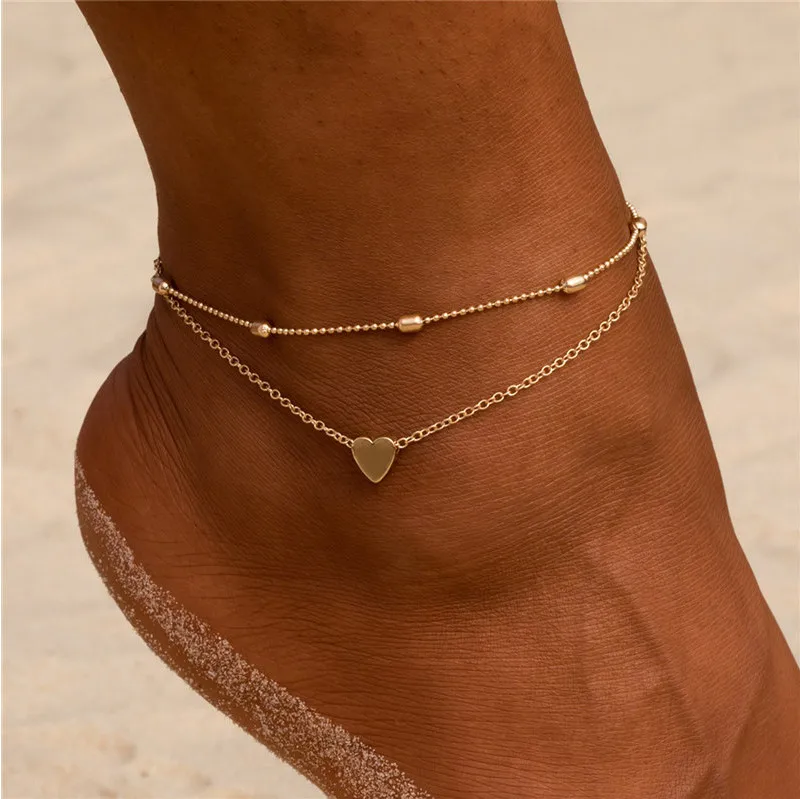 Женские ножные браслеты сердце босиком крючком сандалии ноги ювелирные изделия двухслойные ноги Браслет ножные браслеты