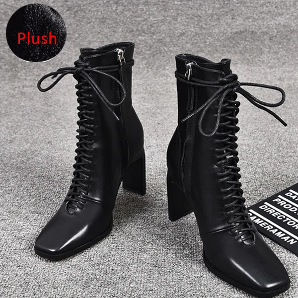 Black Plush Boots Женские ботинки из Prova Perfetto кожи; модная обувь на высоком каблуке; женские Ботинки martin на шнуровке; ботильоны с квадратным носком; женская обувь - Цвет: Black Plush Boots