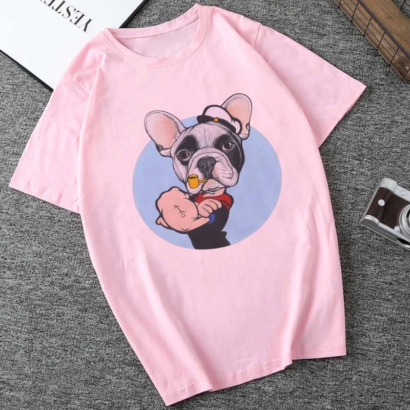 Kawaii Французский бульдог печать белая футболка Женская Повседневная забавная секция Harajuku рубашка Мода Винтаж розовый топы Женская одежда s - Цвет: 3536-pink