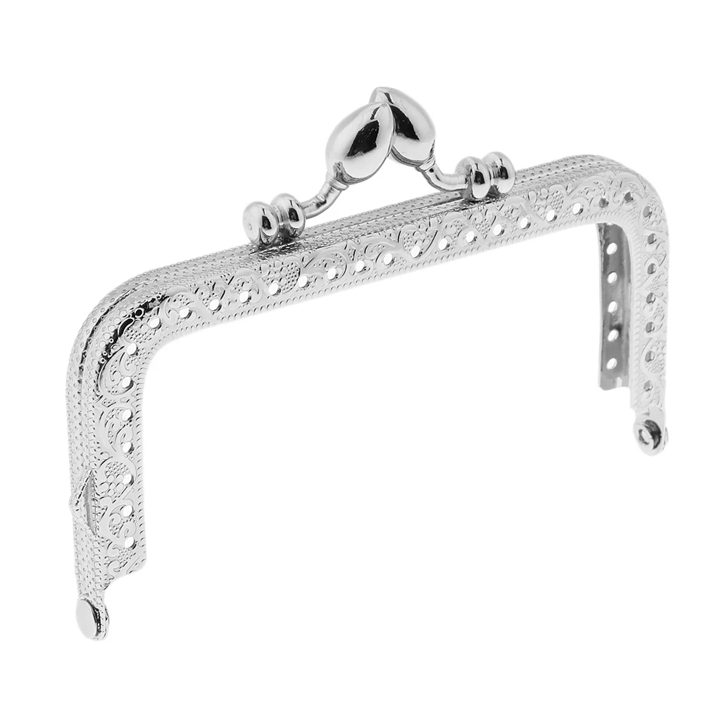 Retro Silver Metal Flower Square Frame Purse Coins Changes Bag DIY Craft Kiss Clasp Lock 10.5 x 7.5 cm