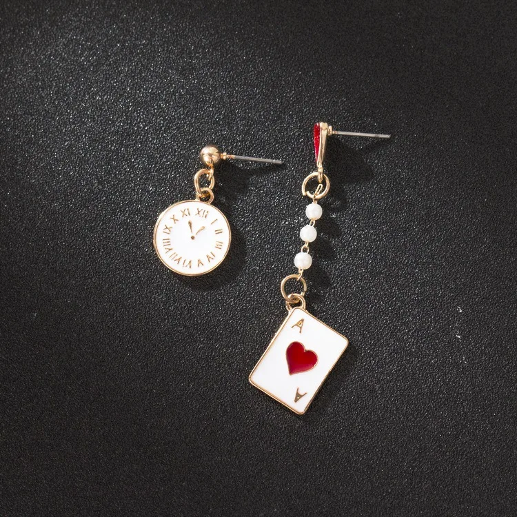 

Stud Earrings With Heart Clock Poker Asymmetrical Fashion Charm Personality Girl Fantasy Natural Jewelry For Dress