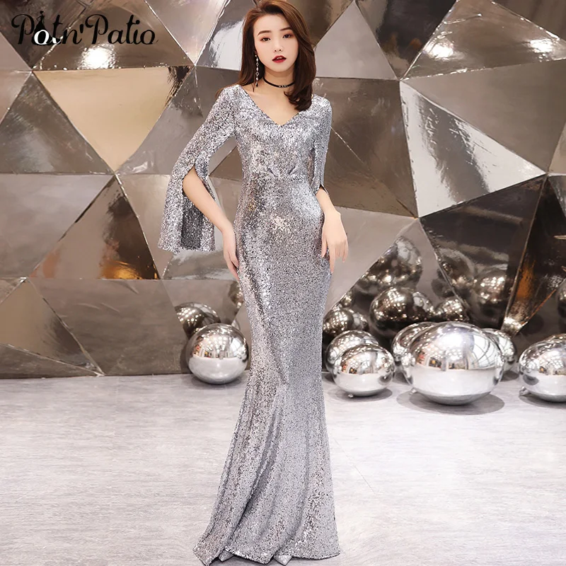 Вечернее платье с длинными рукавами, расшитое блестками,, Новое Элегантное Серебряное Вечернее платье в пол с v-образным вырезом для выпускного вечера, вечерние размера плюс