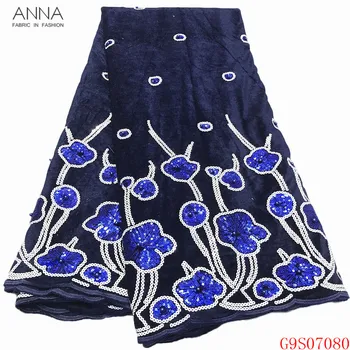 

Anna navy blue african velvet lace fabric 2020 high quality embroidered with beads french sequins laces nigerian fabrics 5 yards
