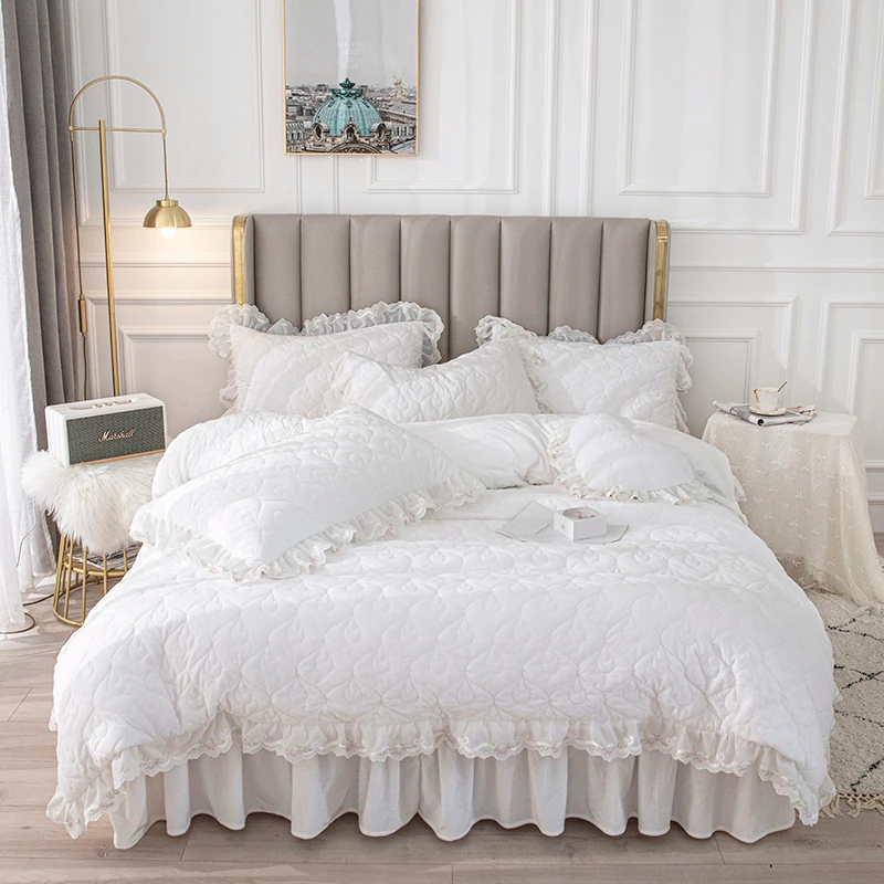 

White Velvet Bedding Set Princess Lace Embroidery Thicken Duvet Cover Super Soft Solid Color Bedspreads Bed Skirt Pillowcases