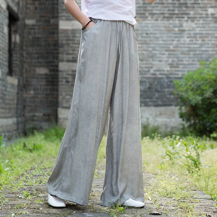 Johnature 2020 Autumn New Full Length Retro Elastic Waist Tie Dye Wide Leg Pants Loose Comfortable All-match Women Lace Up Pants