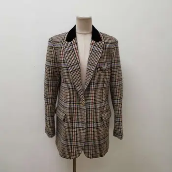 

Single Button Suit Women Casual Vintage Coat Plaid jacket Top office wear Clothes 2020 Autumn Winter