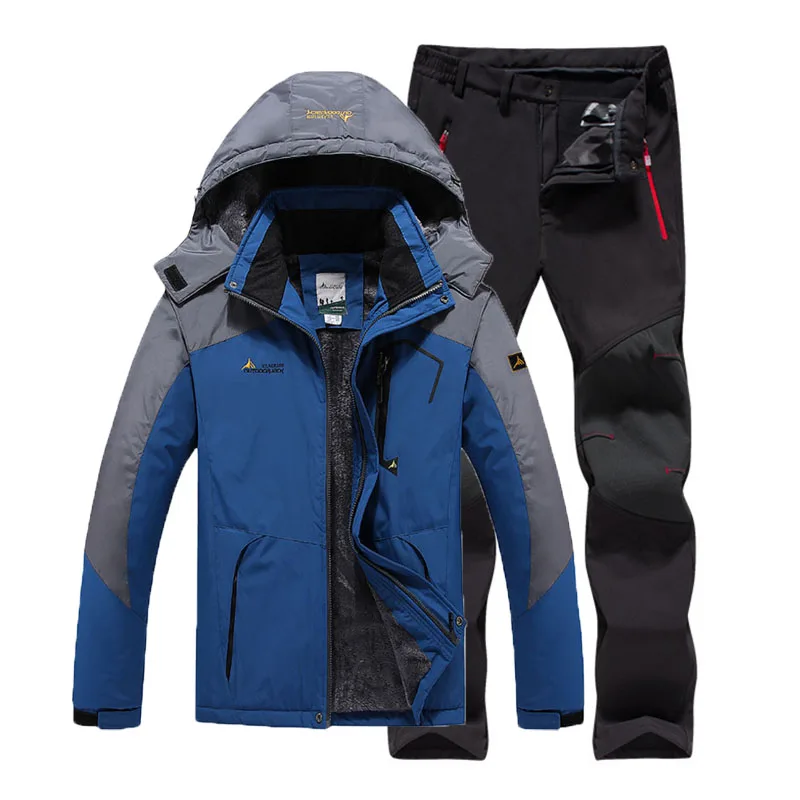 

6XL Plus size Man Winter Fur Warm Fishing Trekking Camping Hiking Climb Ski Jackets Outdoor SoftShell Pants Set Sport Waterproof