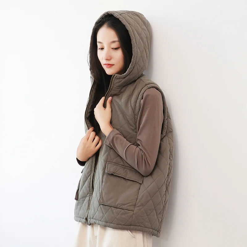 Vintage Warm Vests Coats For Women Autumn New Sleeveless Hooded Pockets Chinese Style Women Cloths Loose Vests