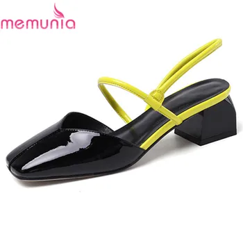 

MEMUNIA 2020 newest top quality patent leather women sandals square toe summer comfortable 4.5cm med heel casual shoes woman