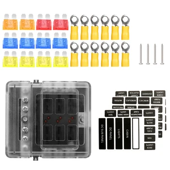

DC 32V Max 6 Ways Fuses Box with LED Indicators Blade Fuse Block Holder for 12V-32V Car Marine with 2 spare slots for fuses