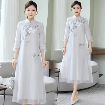 

2020 Spring Autumn Women National Style Improved Cheongsam Dress Retro Mandarin Collar Plus Size 3xl Ladies Dresses Elegants