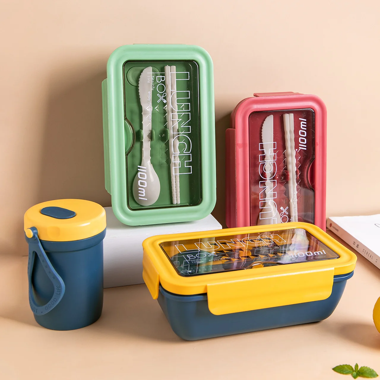 1pc New Multicolor Compartment Lunch Box With Soup Bowl Random Delivery