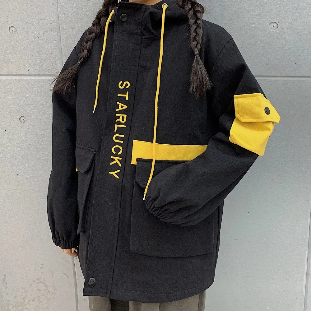 LMCAVASUN Harajuku, зимняя Корейская Куртка карго для женщин и мужчин, Ретро стиль, повседневное пальто с капюшоном,, с надписью, хит, цвет, стиль сафари, куртки