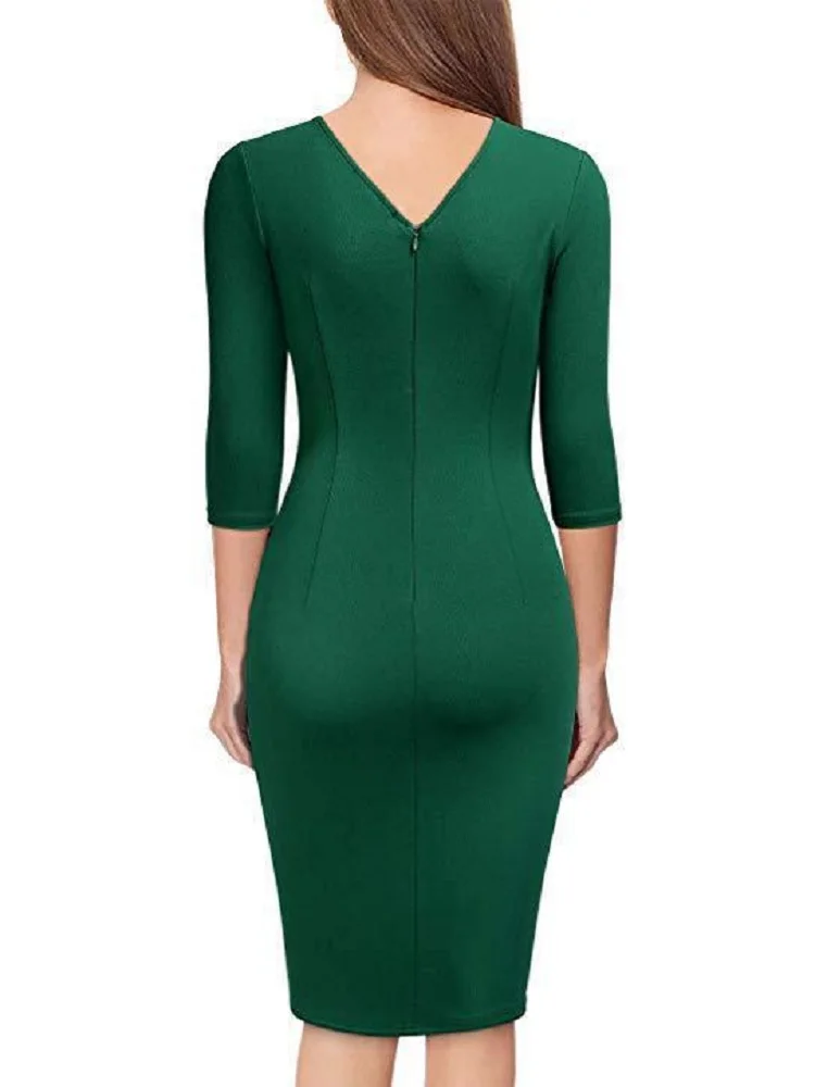 Women elegant cotton dresses working office dress long sleeves V-tie belt Slim pure colors V back classic desgin ladies dresses