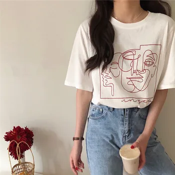 

Abstract Cotton Loose Women T-shirts Aesthetic Clothes O Neck Short Sleeve 2020 Fashion Summer Oversized T-shirt