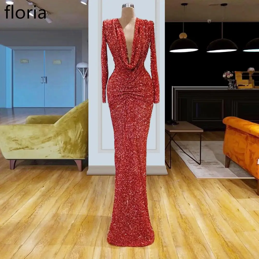

New Fashion Red Glitter Formal Evening Dresses Long Turkish Couture Mermaid Prom Dress Party Dubai Abendkleider Vestidos 2019