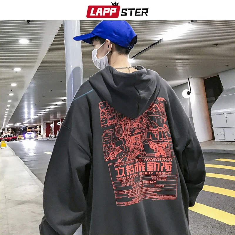 LAPPSTER Men Japanese Streetwear Hooded Hoodies 2020 Harajuku Fall Skateball Fashions Cartoon Sweatshirts Hip Hop Black Hoodies