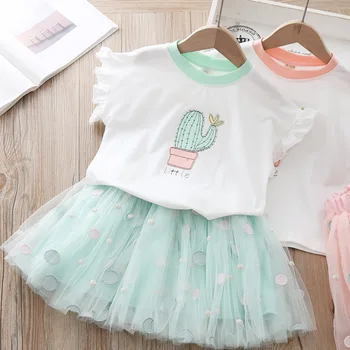 

2020 Summer Girls Set Cactus Embroidered T Shirt and Skirt