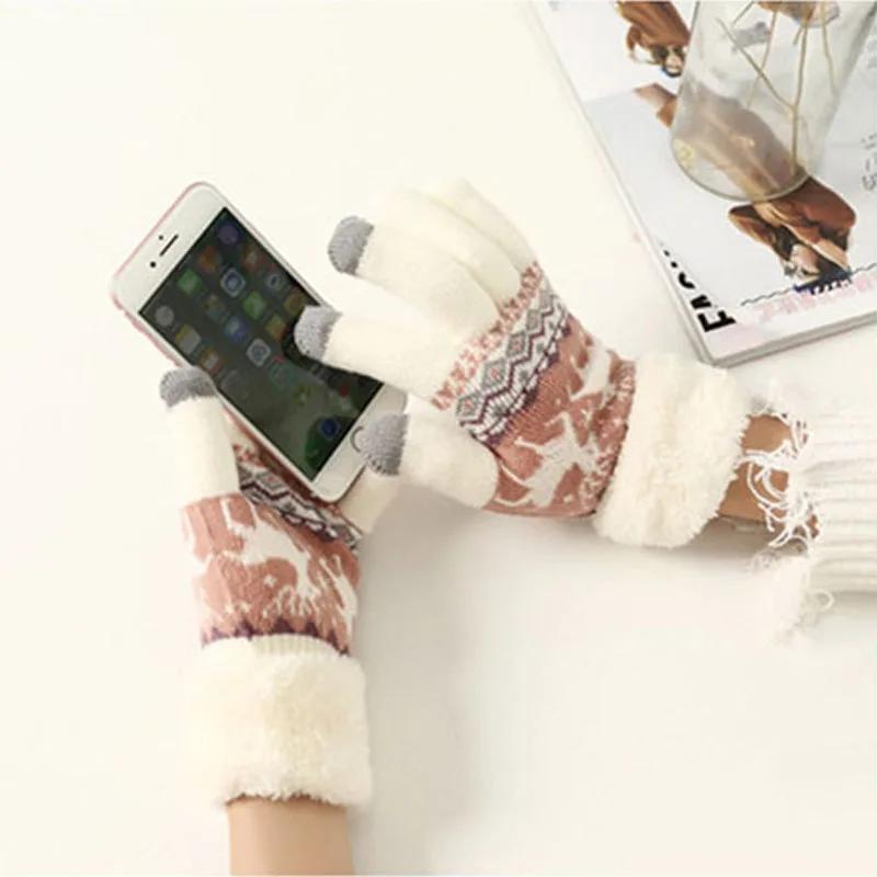Теплые зимние перчатки, шерстяные вязаные наручные перчатки для женщин и мужчин, вязаные перчатки со снежинками на весь палец, перчатки для катания на лыжах и сенсорного экрана - Цвет: style2-white