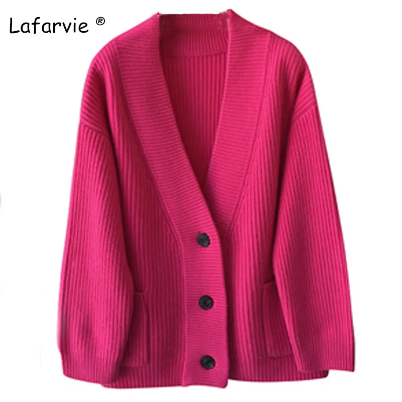 

Lafarvie Knitted Wool Cardigan Sweater Women Tops V-neck Full Sleeve With Pockets Single Breasted Thick Warm Loose Sweter Female