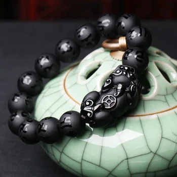 

NATURAL BLACK OBSIDIAN BEADS PIXIU BRACELET CHINESE HAND-CARVED CHARM JEWELRY FASHION AMULET ACCESSORIES FOR MEN WOMEN GIFTS
