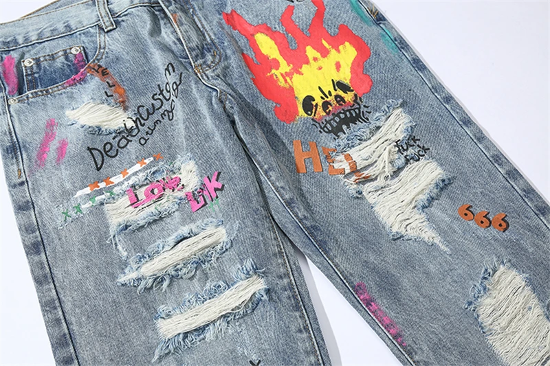 Bebovisi хип хоп Уличная рваные облегающие джинсы скинни джинсы японский граффити горящий скелет печати Мужские Jogger джинсовые брюки