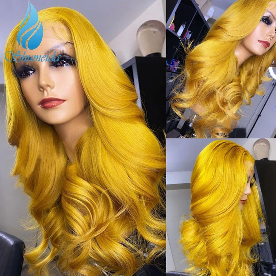 SMD-pelucas de cabello humano brasileño Remy para mujeres negras, Color amarillo, 13x6, con malla frontal, onda corporal, prearrancado