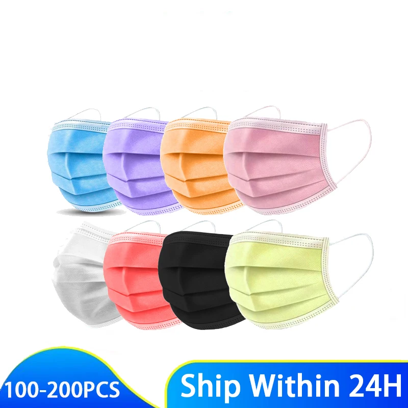 

100-200PCS Mixed 8 Color Face Mask 3 Ply Disposable Mouth Mask Black Anti Dust Fog Facial Non-woven Adult Protective Masks